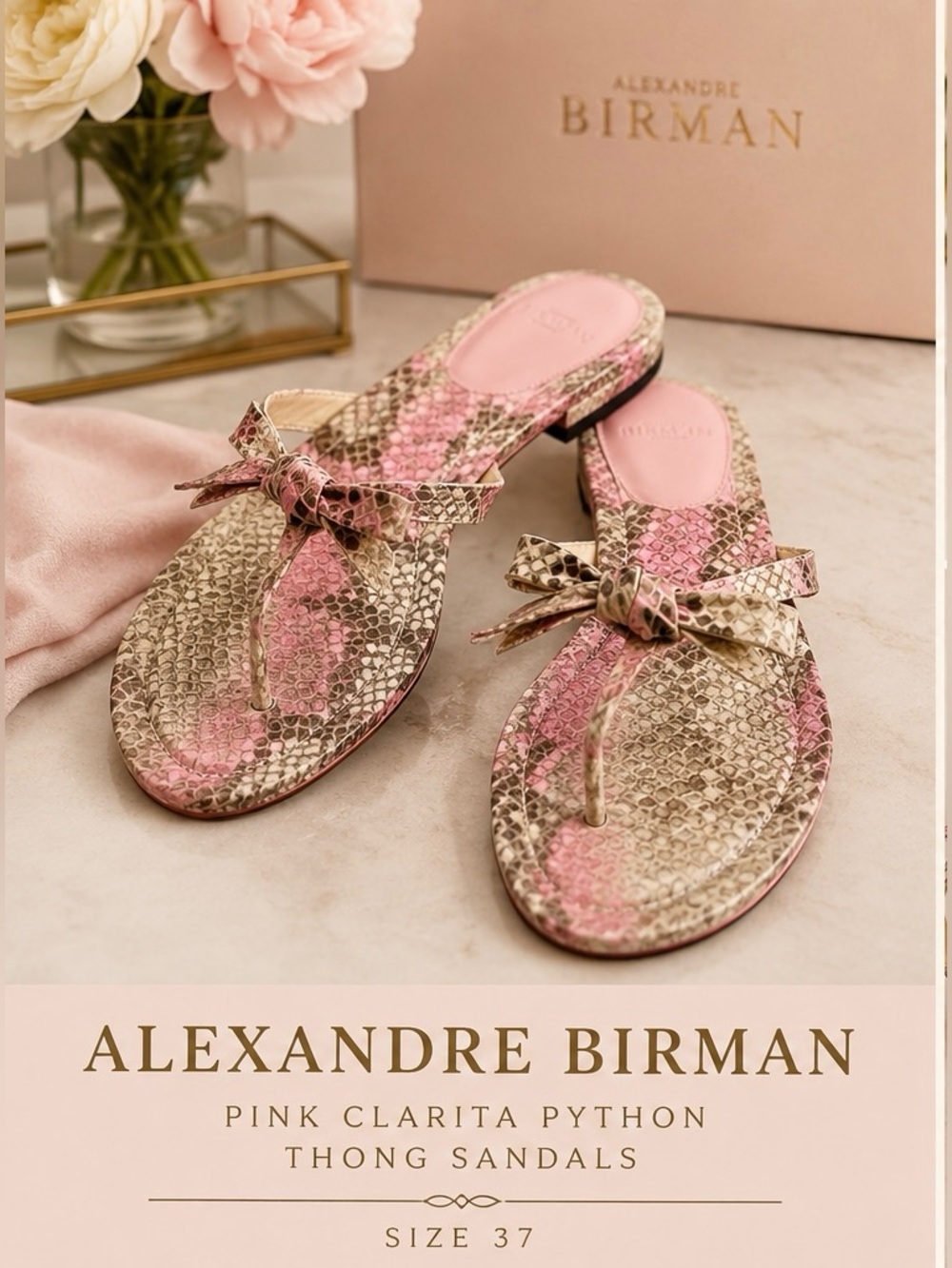 Alexandre Birman Pink Clarita python thong sandals with knotted bow detail, sz37